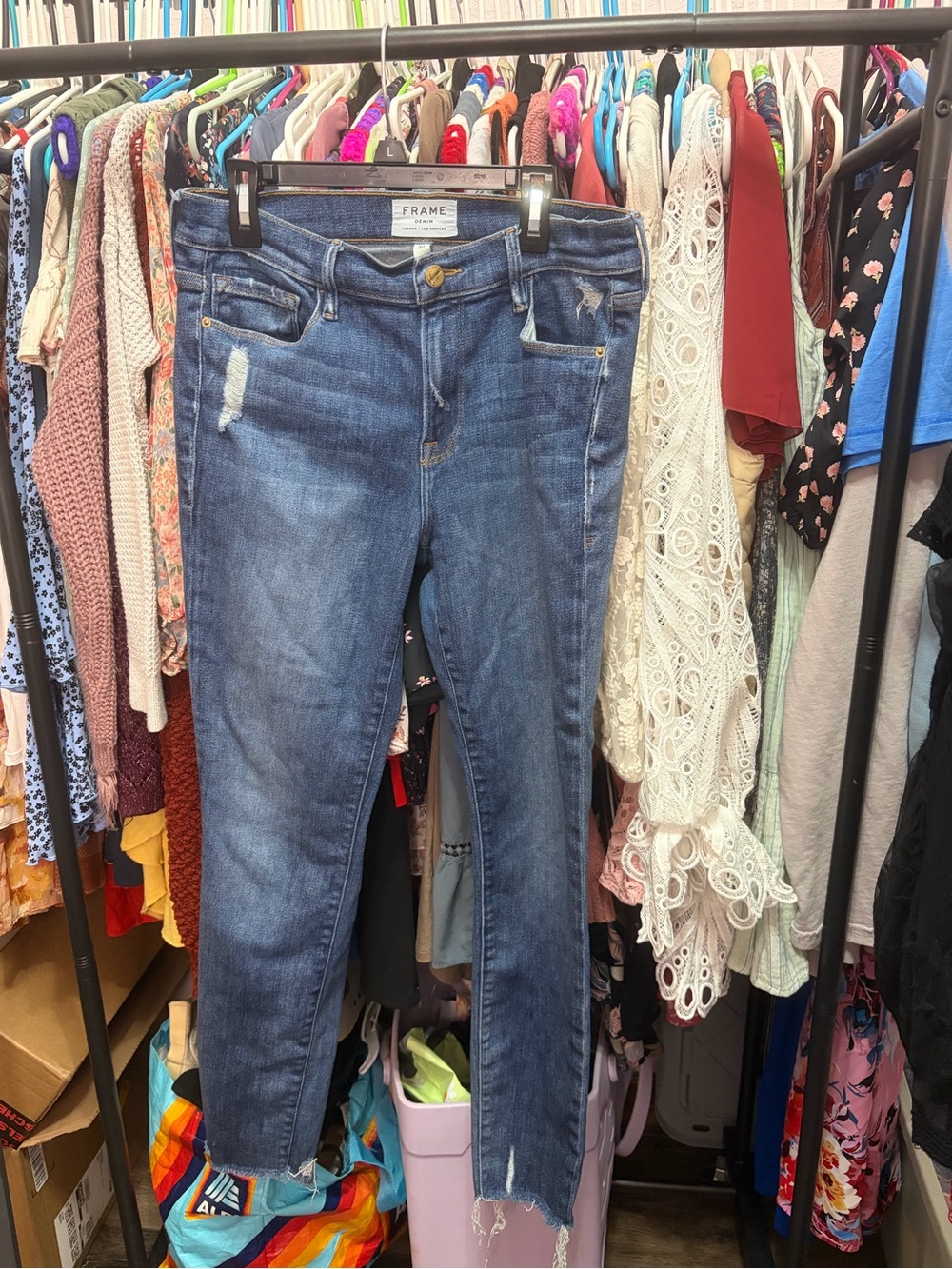 Frame Denim Medium Blue Skinny Jeans with Light Distressing